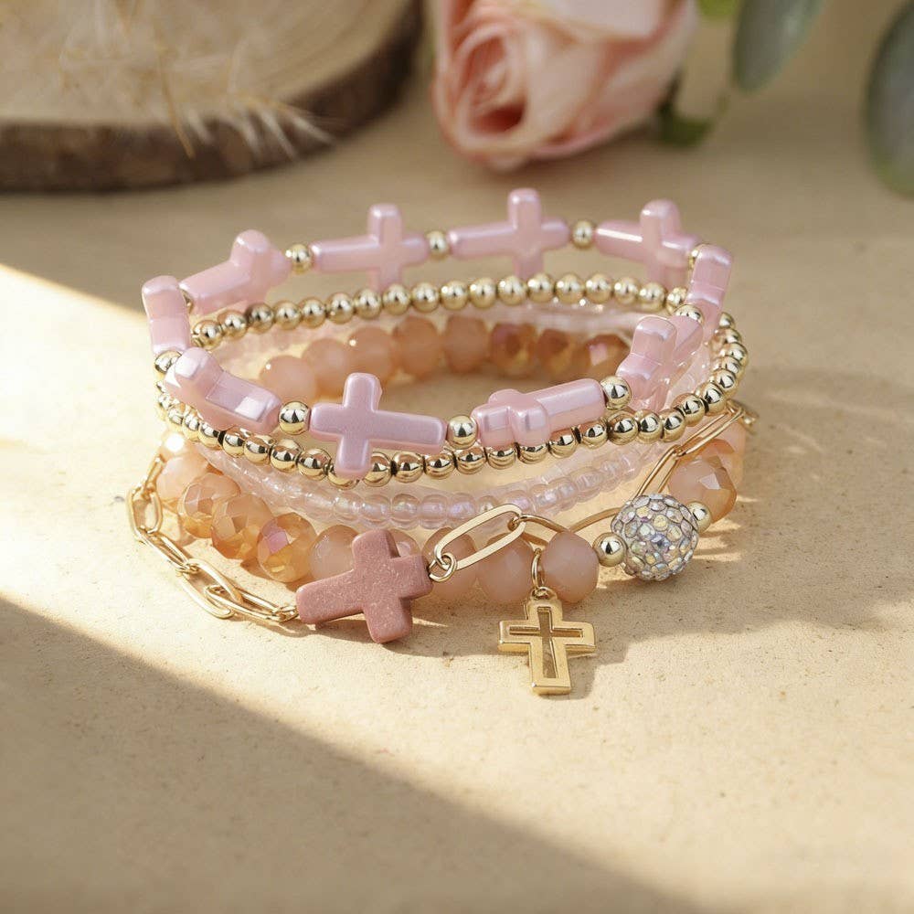 Cross Charm Mixed Beaded Bracelet Set
