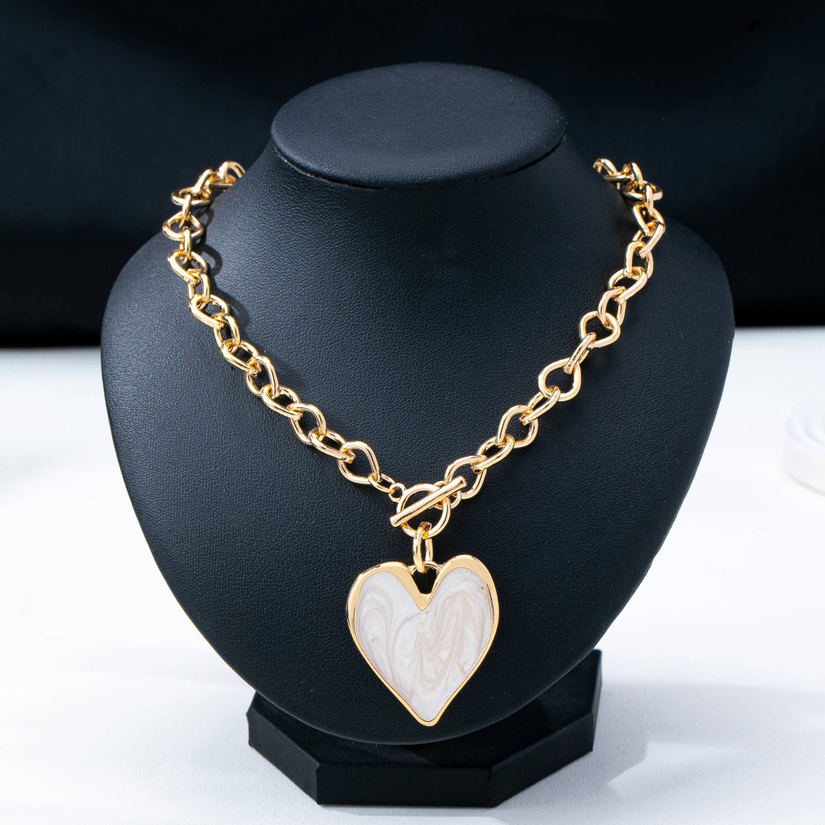 White Inlay Heart Toggle Necklace