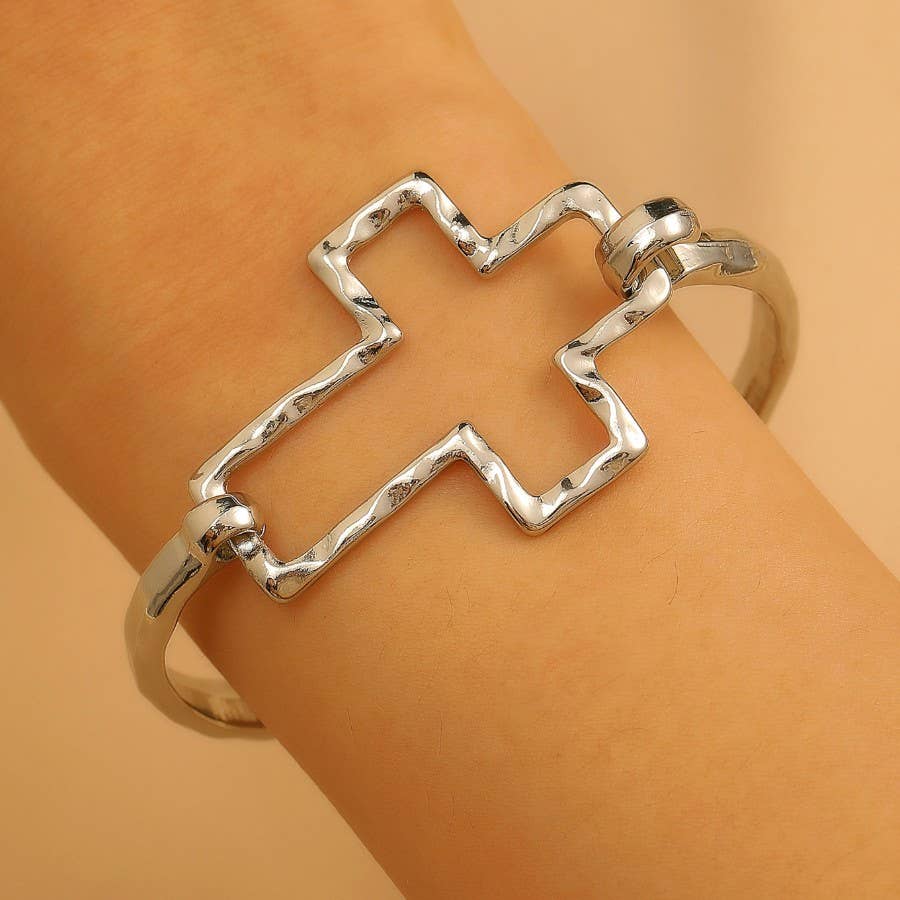 Hammered Open Cross Bangle - Silver or Gold
