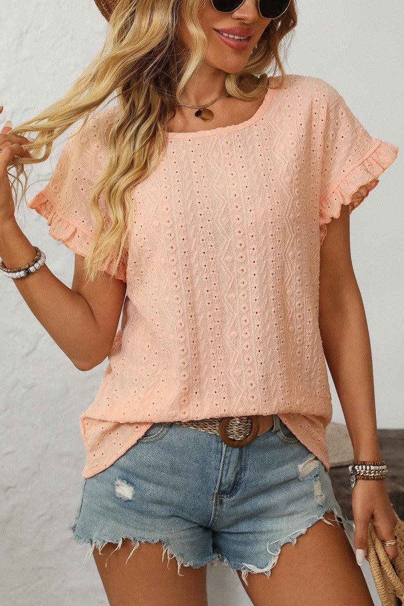 Spring Eyelet Ruffle Sleeve Casual Blouse Top