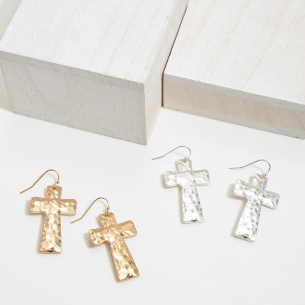 Hammered Cross Drop Earrings