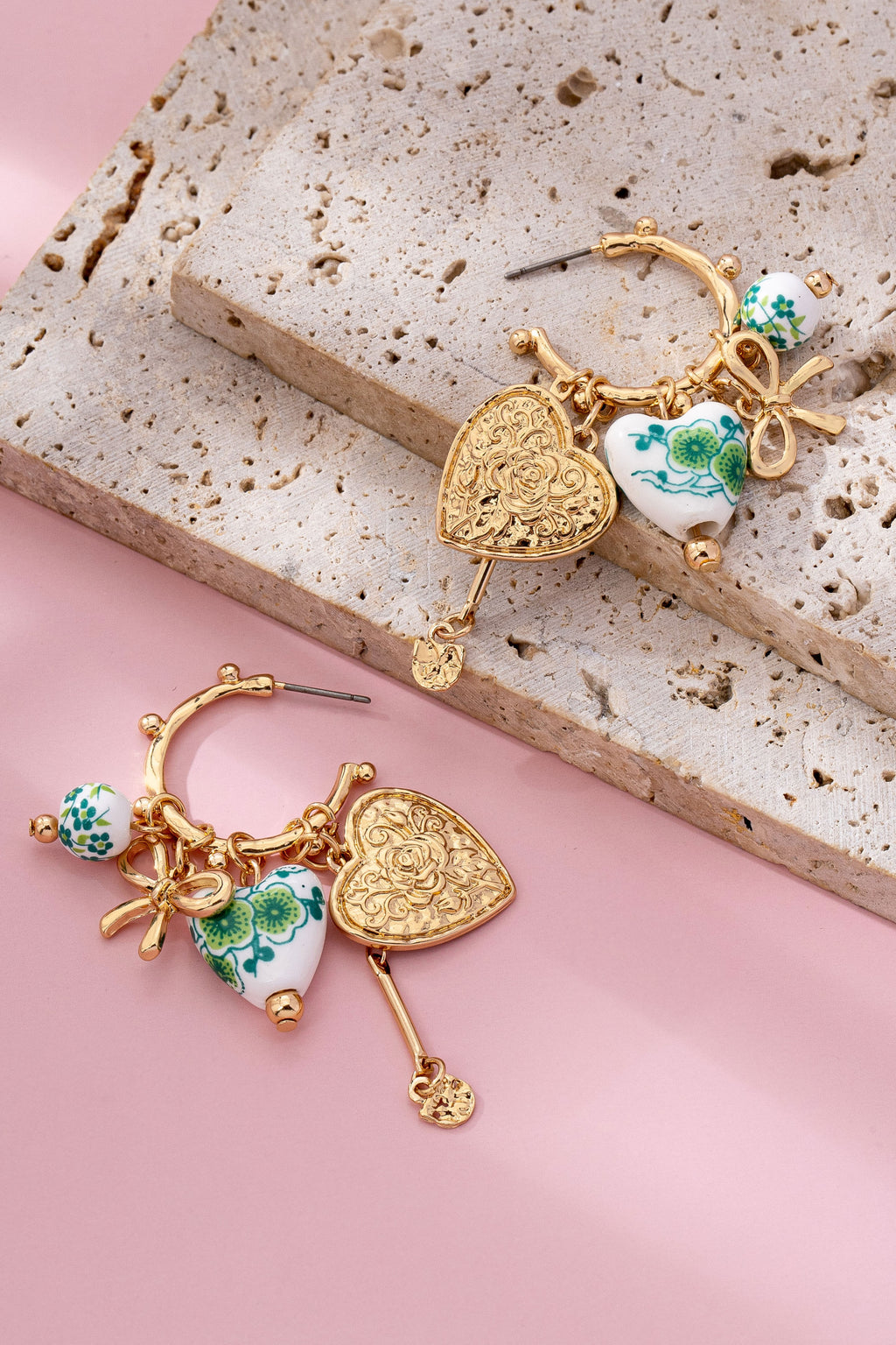 Chinoiserie Heart Charm Hoop Earrings