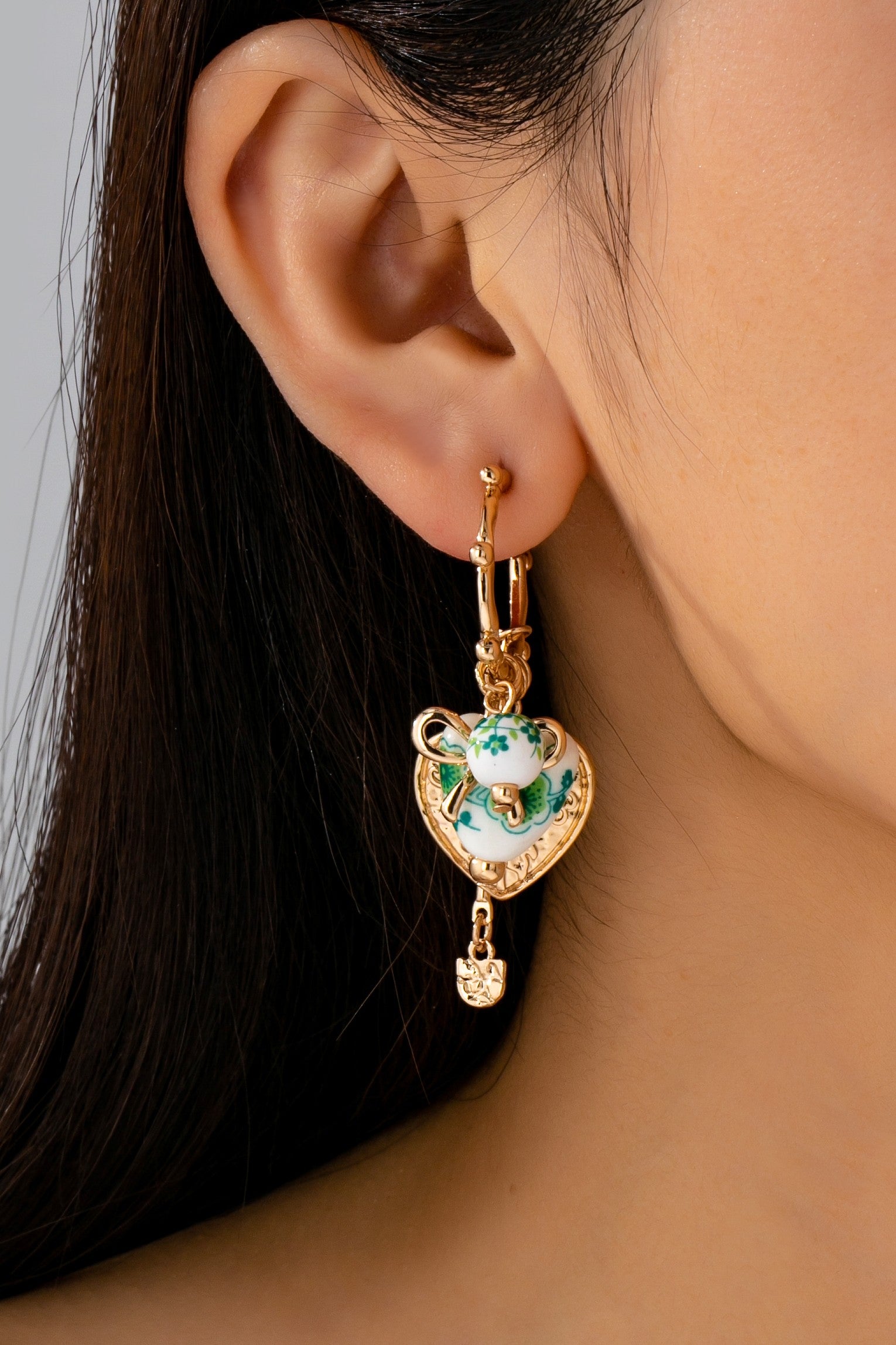Chinoiserie Heart Charm Hoop Earrings
