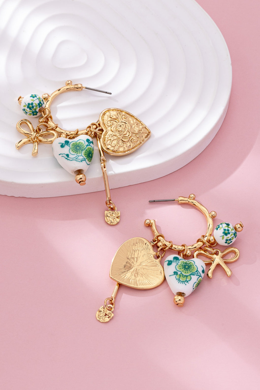 Chinoiserie Heart Charm Hoop Earrings
