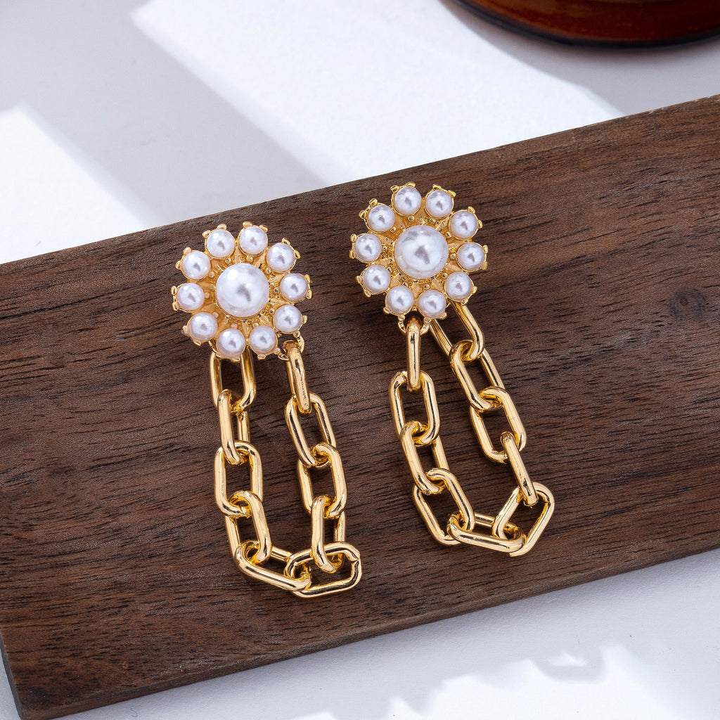 Pearl Daisy Hoop And Drop Link Earrings