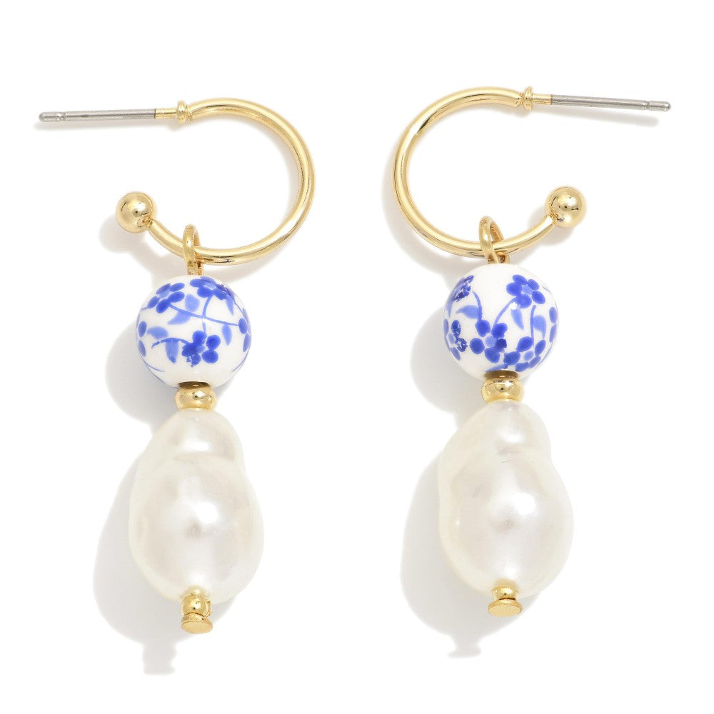 Chinoiserie Pearl Dangle Earrings - Blue