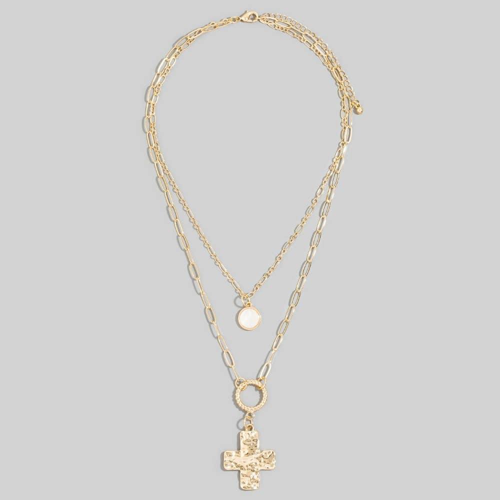 Hammered Cross Pendant Layered Necklace