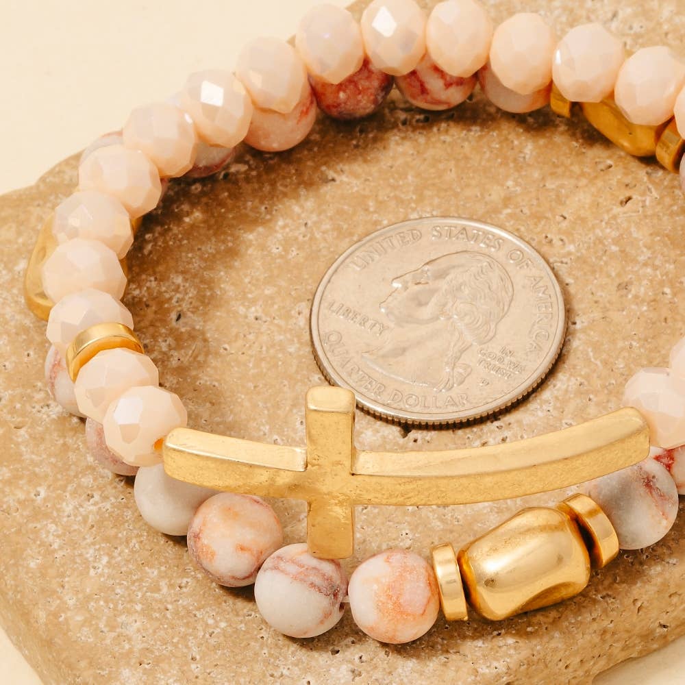 Cross Charm Beaded Bracelet Set