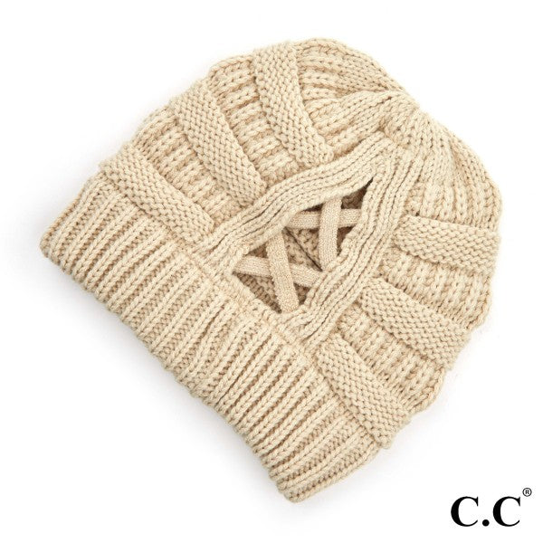 C.C. Knit Beanie - Criss-Cross Ponytail Detail.