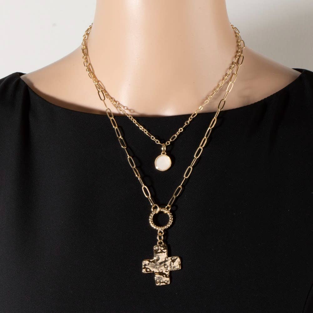 Hammered Cross Pendant Layered Necklace