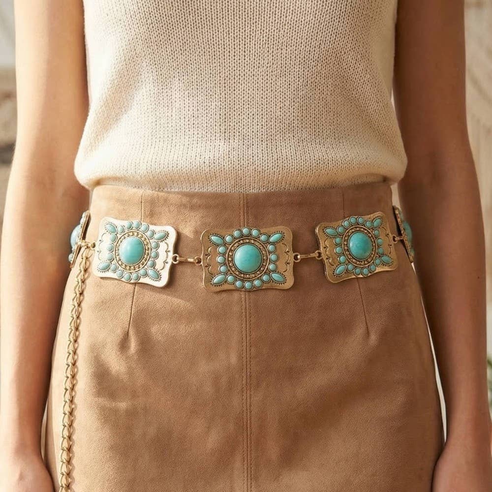 Western Turquoise Studded Rectangle Concho Chain Belt