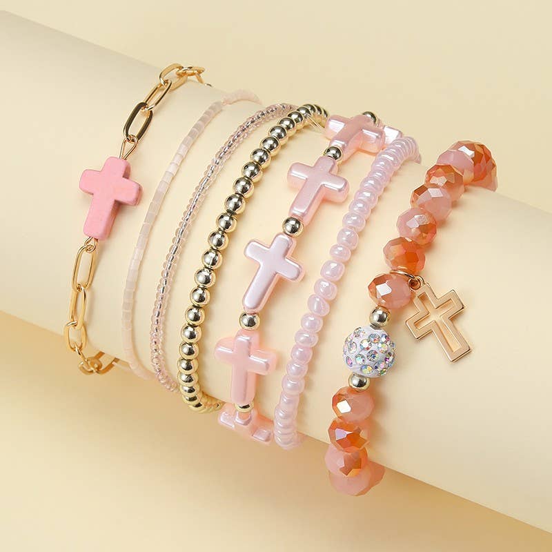 Cross Charm Mixed Beaded Bracelet Set