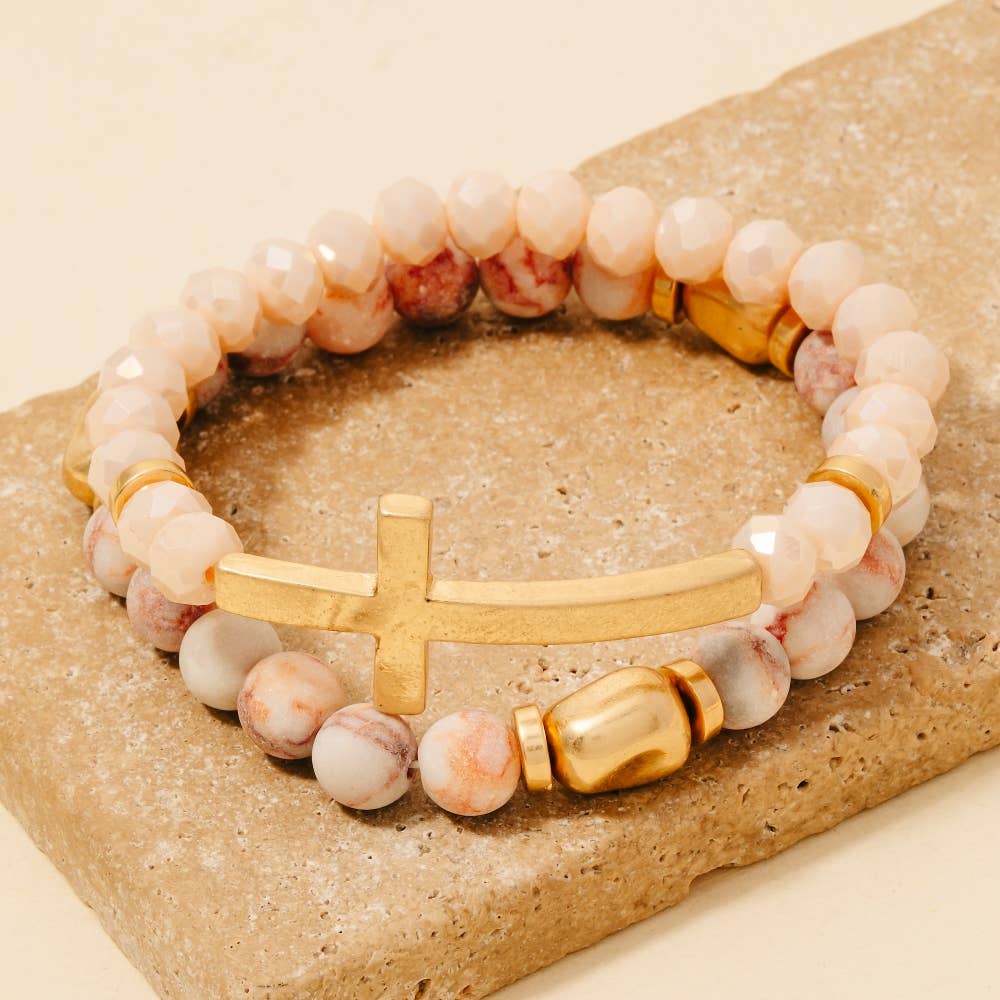 Cross Charm Beaded Bracelet Set